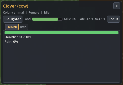 Colony cow inspector showing its status, available orders and animal information tabs.