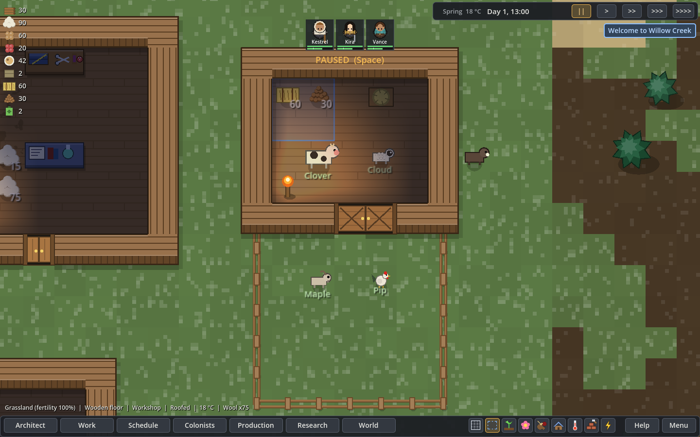 Roofed barn connected to a fenced animal area through a barn door, with hay, kibble and a nest box inside.