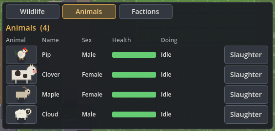 World Animals tab listing a cow, sheep, goat and chicken belonging to the colony.