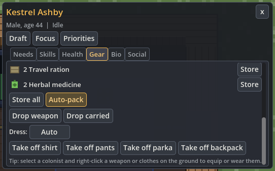Expanded backpack contents with travel rations, herbal medicine, Store buttons, Store all and Auto-pack.