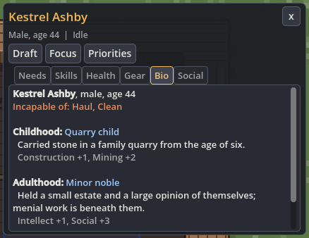 Bio tab showing childhood and adulthood backgrounds and an inability to Haul or Clean.