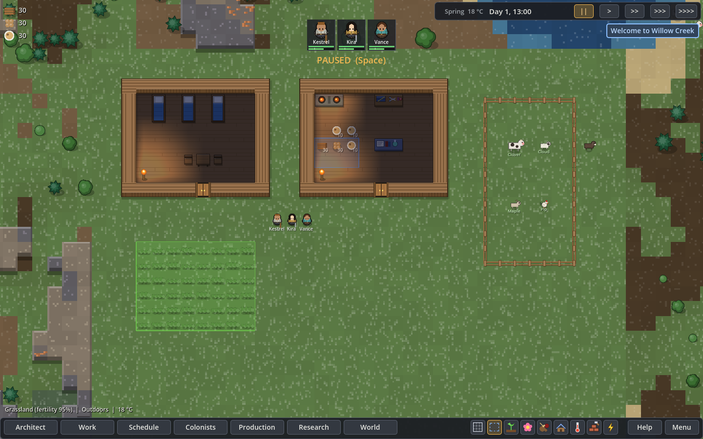 A Wildhold colony with a furnished bedroom, a kitchen and workshop, a potato field and a fenced livestock pen.