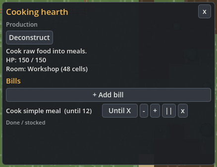 Cooking hearth bill set to Cook simple meal until 12, with Until X and quantity controls.