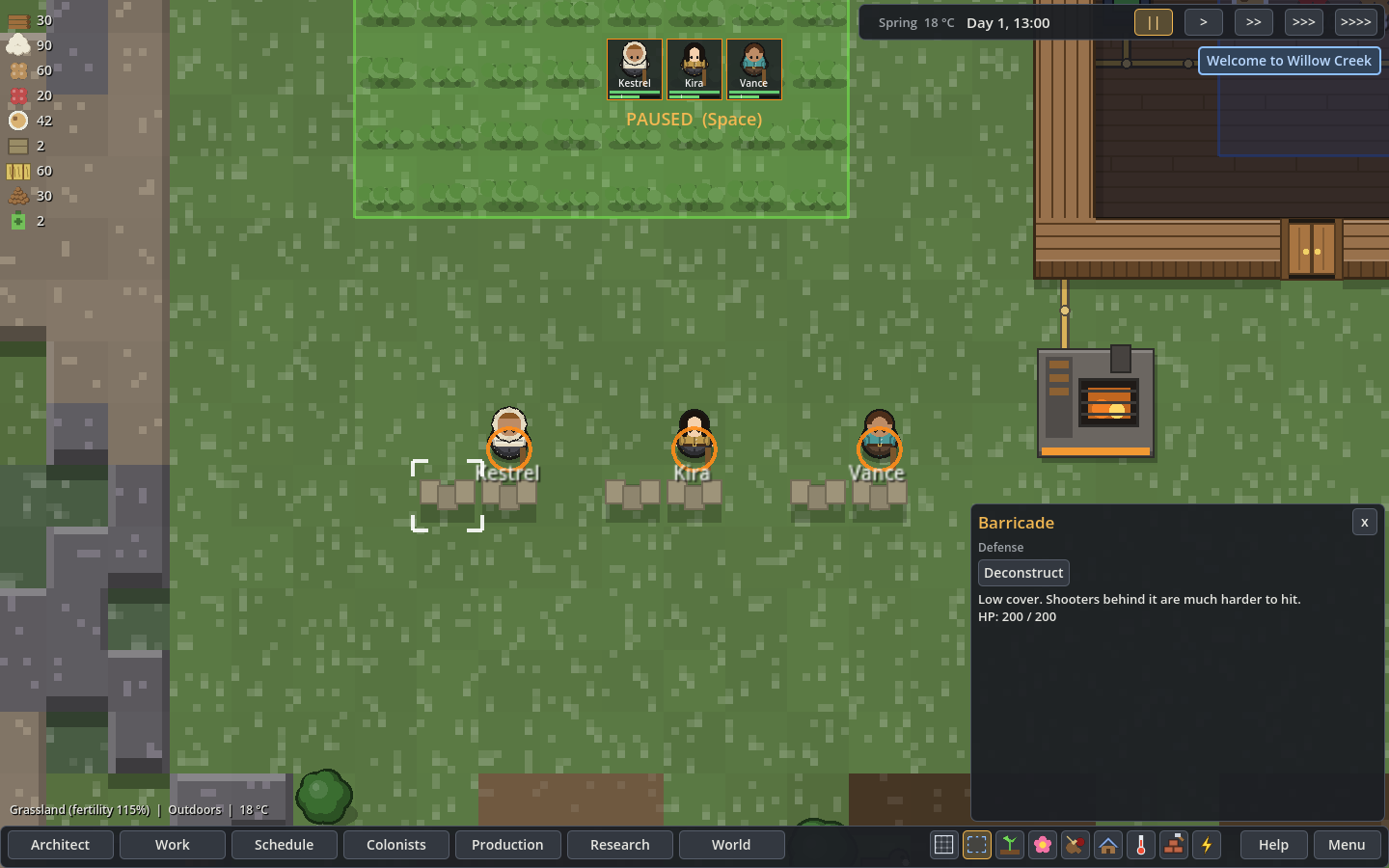 Three bow-equipped colonists standing behind a line of barricades, with a barricade selected.