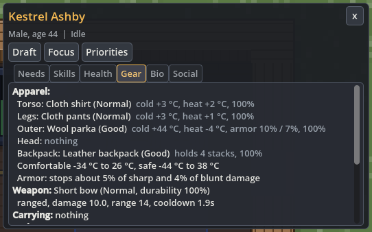 Gear tab listing worn clothing, a wool parka, leather backpack, temperature ranges and an equipped bow.