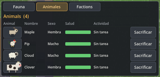 Pestaña Animales con vaca, oveja, cabra y gallina de la colonia.