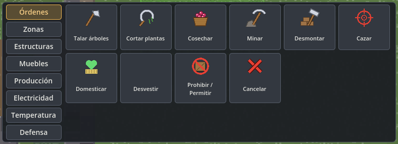 Panel Construcción con categorías y estructuras disponibles.