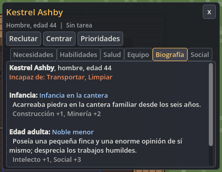 Biografía con infancia, edad adulta e incapacidad para Transportar o Limpiar.