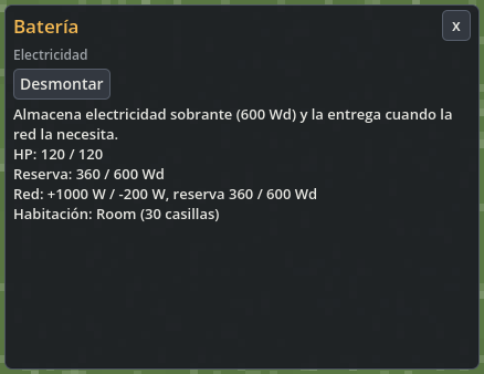 Batería con 360 de 600 vatios-día y datos de producción y consumo de la red.