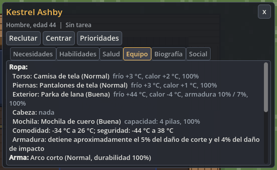 Equipo con ropa, parka de lana, mochila de cuero, intervalos de temperatura y arco.