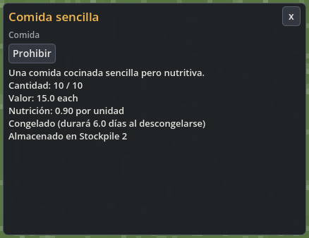 Una comida almacenada indica Congelado en el inspector.