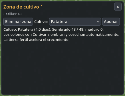 Inspector de cultivo de patatas con opción Abonar y recuento de plantas sembradas y maduras.