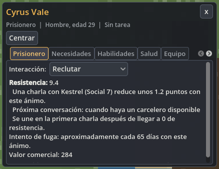 Pestaña Prisionero con Reclutar seleccionado, resistencia 9,4 y próxima conversación.