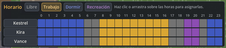 Panel de horarios con bloques de colores por hora para tres colonos.