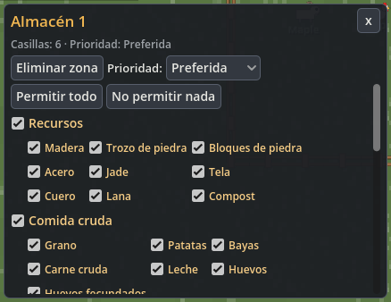 Inspector de almacén con prioridad Preferida, Permitir todo y casillas por objeto.