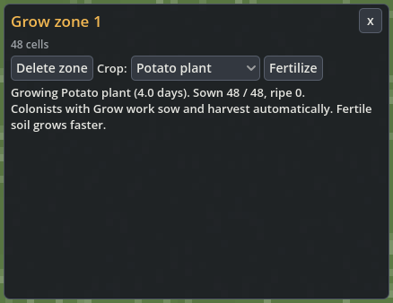 Grow zone inspector with Potato selected, a Fertilize toggle and counts of sown and ripe plants.