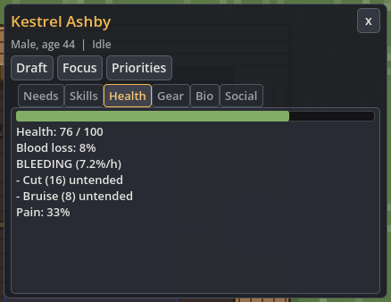 Colonist Health tab showing a cut, a bruise, blood loss and untended injuries.