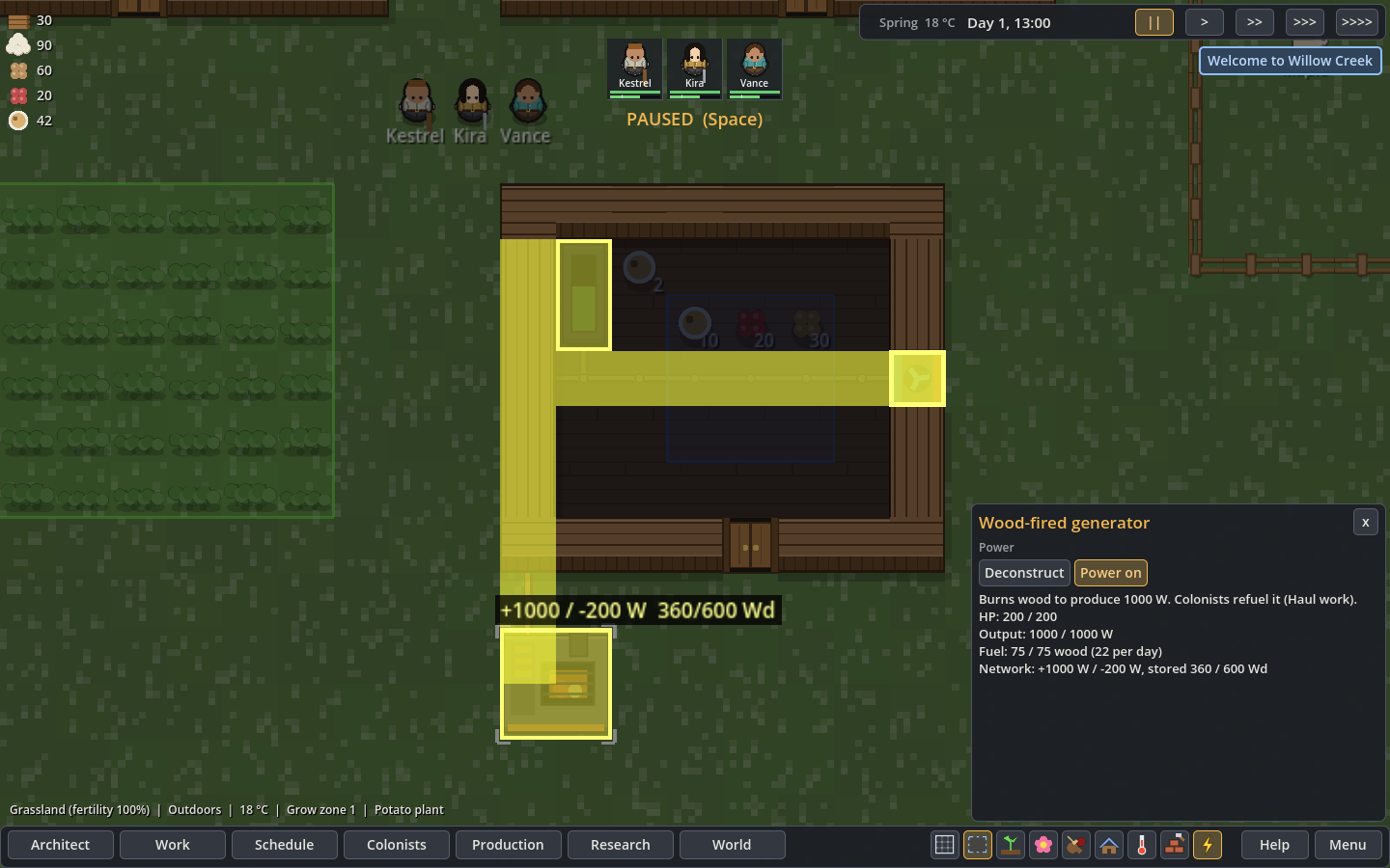 Power overlay highlighting a wood-fired generator, connected conduits, a roofed battery and a cooler as one yellow network.