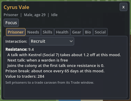 Prisoner tab with Recruit selected, resistance 9.4 and information about the next warden conversation.