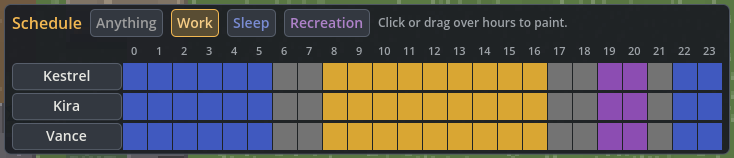 Schedule panel with hourly colored blocks for the three colonists.