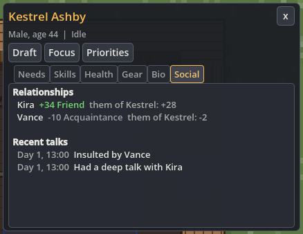 Social tab with opinions of other colonists and recent deep-talk and insult interactions.