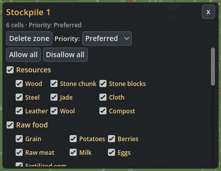 Stockpile inspector showing Preferred priority, Allow all, Clear and item checkboxes.