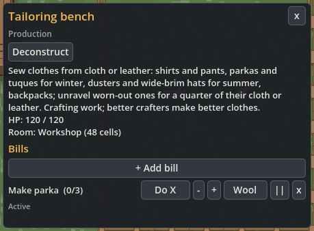 Tailoring bench bill ordering three parkas made from wool.