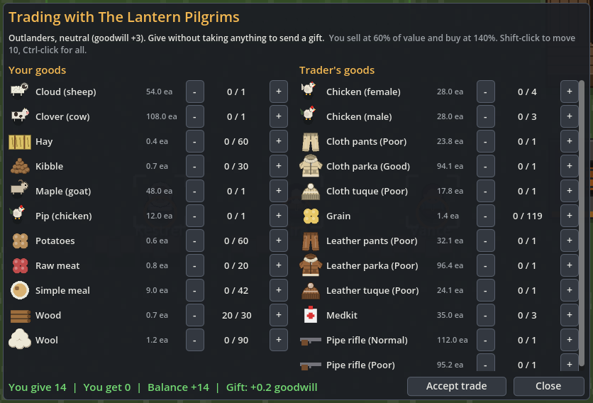 Trade window with Your goods and Trader's goods columns, quantities, balance and Accept trade button; 20 wood is offered as a gift.